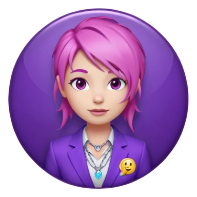 Cute 3D emoji-style girl sexy character with pink hair and purple eyes, inside a circular badge. No hands, no pose. Clean purple suit with a glowing neon-blue ‘C’ logo on the chest, small lightning accent. Smooth Apple-style lighting, friendly expression sticker