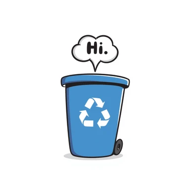 hand-drawn blue bin with a smile, speech bubble with 'hi' sticker