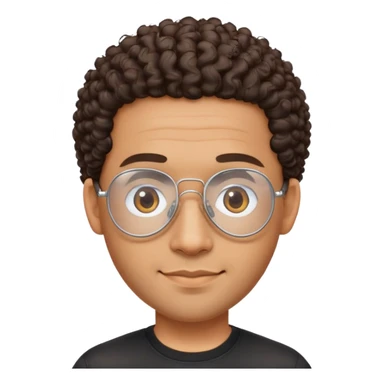 Latino man with oval face, clear lens aviator glasses with metal frames, bald sides with curly hair on top, friendly expression, brown skin, black shirt sticker