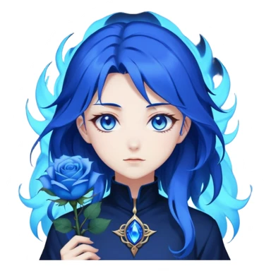 anime girl with dark blue hair, blue rose in hair, glowing blue eyes, Solo Leveling style, sharp features, blue magical aura, 2D emoji sticker