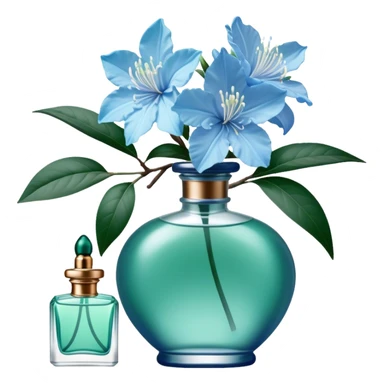 Aesthetic ensemble of soft blue azaleas alongside a charming vintage green perfume bottle.
 sticker