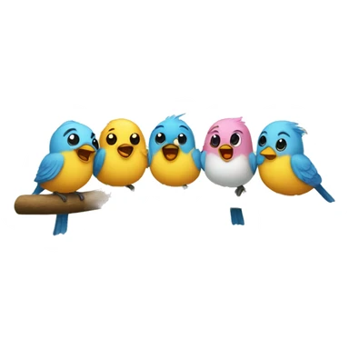 Five round, adorable little birds are chirping away on a tree branch. sticker