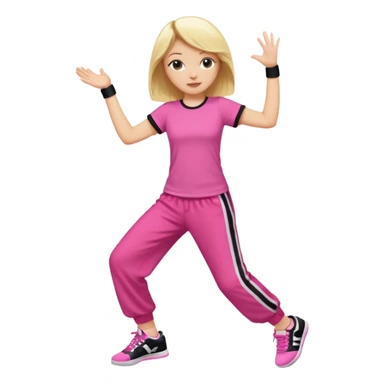 Hiphop dancer, with cute big pants, sneakers, and t-shirt. White girl blond. Coloufull shirt. No pocket pants. Dancing. No orange. Pink and black sticker