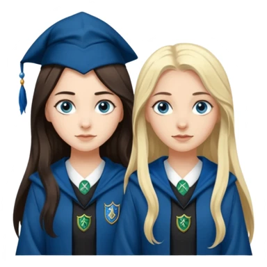 a pretty ravenclaw girl with long dark brown hair and blue eyes standing with a pretty Slytherin girl with long blonde hair, blue eyes sticker