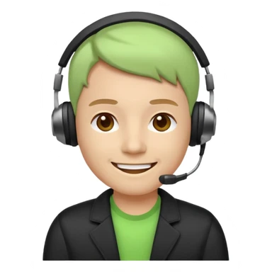 A modern flat emoji depicting a call center employee wearing a light green T-shirt and black jacket, with a headset, a friendly expression, a minimalist design, bright colors, and a white or transparent background. sticker