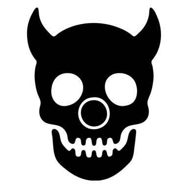 solid black icon of a skull with devil horns and a clown nose, simple and bold sticker