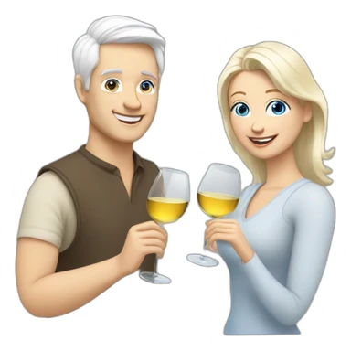white man with blue eyes and grey hair and white woman with brown eyes and blond hair toasting with each other with two white wine sticker
