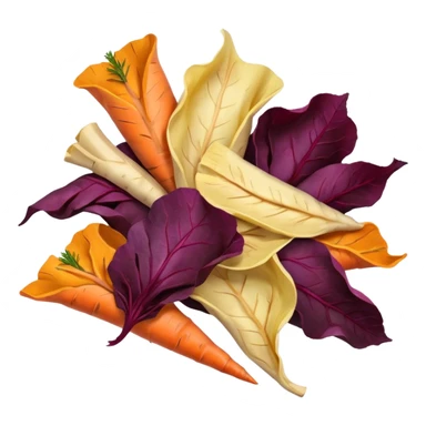 small handful of assorted vegetable chips in rich earthy tones, deep purple beetroot, orange carrot, pale yellow parsnip, thin curled slices, slightly blistered crisp textures, natural irregular shapes, lightly scattered, no bowl or extras, soft lighting, subtle shadows, emoji scale sticker
