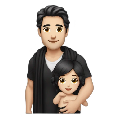 Daddy with black hair, white skin tone wear black shirt. His wife has white skin wear black long blaus, black shawl. The baby wear black tshirt sticker