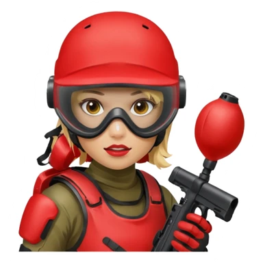 blond girl playing paintball with red paintball face gear sticker
