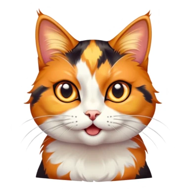 Cinematic Comical Calico Cat Portrait Emoji, Head tilted dramatically with an exaggeratedly surprised expression, showcasing a vibrant patchwork fur of orange, black, and white with wide, comically expressive eyes, simplified yet hilariously detailed, glowing with a sassy, golden radiance, high shine, exuding playful mischief and cheeky feline attitude, styled with a soft glowing outline, capturing the essence of a calico cat that looks ready to leap off the screen with mischievous flair! sticker