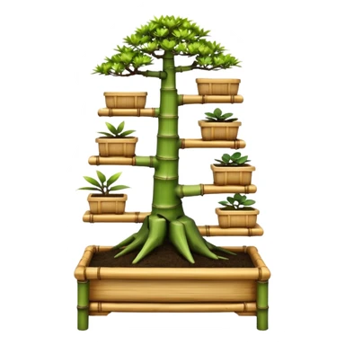 Wide Three tiered bonsai planters stand, shelving holding nine specimens and several small ones , frame made of one inch thick bamboo  sticker