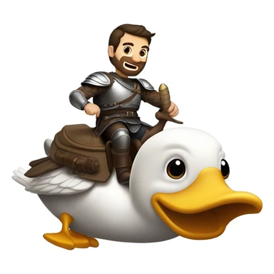 Confident armored White Man with dark brown hair and a short beard riding on the back of a giant armored duck pointing forward with one arm yelling a battle charge sticker