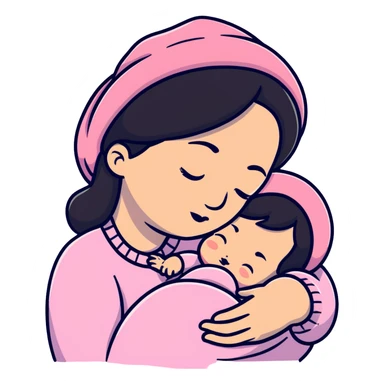 mother tenderly holding sleeping newborn baby wearing pink knit hat sticker