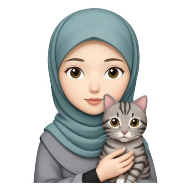 Asian White girl wearing hijab holding a black grey tabby cat sticker