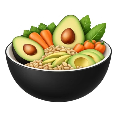 Minimalistic flat vector icon, iOS style, thin black contour on white background. Bowl with vegetables, grains, and avocado slices inside. Clean, no text, no shadows sticker