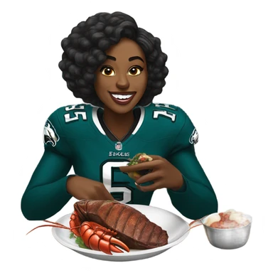 Black woman eating steak and lobster wearing an eagles jersey sticker