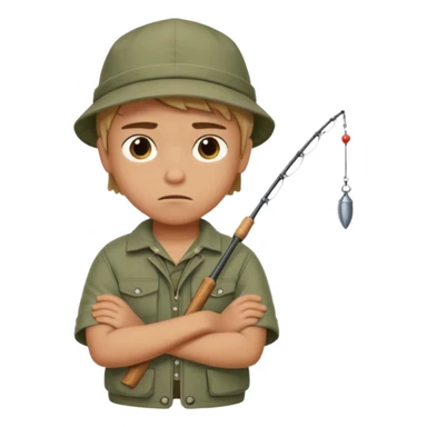 A boy with crossed arms, looking annoyed, dressed in fishing clothes. sticker