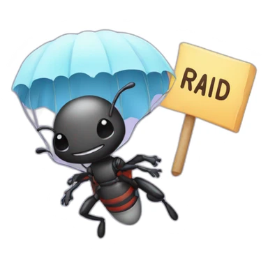 Parachuting ant holding a sign that says raid sticker