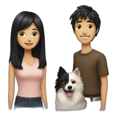 couple, a little Men with Long black hair, a girl with short brown hair ; and black spitz dog sticker