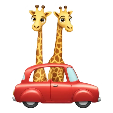 two cute giraffes driving in a red car sticker