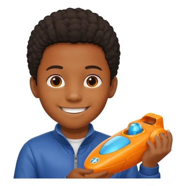 black kid playing orange formula 1 toy sticker