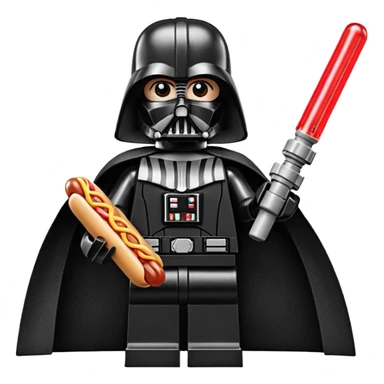 Lego Darth Vader holding a hotdog sticker