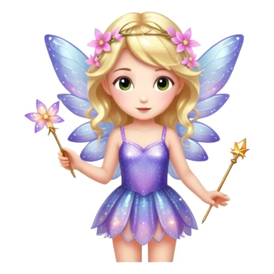 Cute fairy girl with delicate wings, sparkly wand, floral dress, and magical glitter sticker