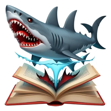 Icon for Horror & Mystery Reading: an open book with eerie glowing symbols, from which rise vampire Dracula with fangs, flying bats, a zombie hand, and a lurking shark with sharp teeth. Surrounding elements. Transparent background. sticker