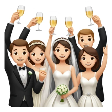 Wedding party raising joints for a celebratory toast, colorful wedding group with bride and groom at the center, cheerful cartoon style sticker