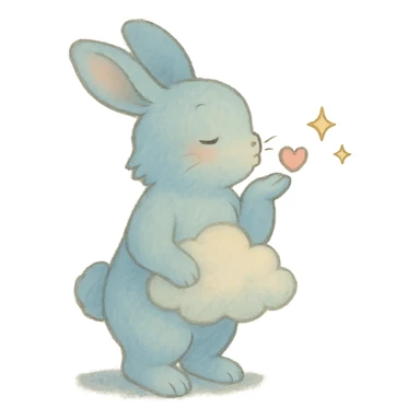 full-body pastel blue bunny with cloud, blowing a kiss with sparkles, soft Ghibli style sticker