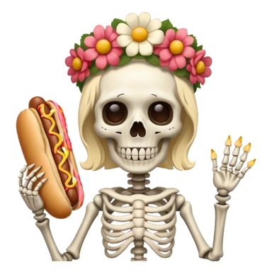 skeleteon with floweer on head with hotdog sticker