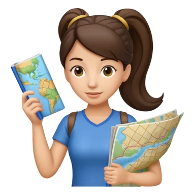 tourist brunette woman with ponytail holding map sticker