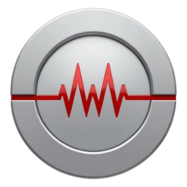 Minimalist medical technology logo. White background. A clean circular shield shape in light gray. Inside the shield — a sharp red signal line forming abstract letters “AI”, resembling a medical alert waveform but not a classic ECG.  sticker