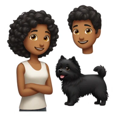 a little Men with Long curly black hair;a girl with short brown hair; and black spitz dog sticker