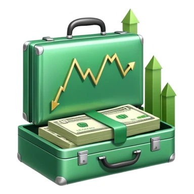 An icon showing a briefcase, a stack of money, and a graph with upward growth, representing business and entrepreneurship. The design highlights innovation, investment, and success in the world of startups and corporate ventures. Transparent background emphasizes the dynamic nature of business. sticker