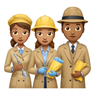 A cleaning Lady with Brown hair, high ponytail and yellow cleaning gloths is Talking to a Detektive (a man) with beige had, a beige coap and he is interviewing the cleaning Lady sticker