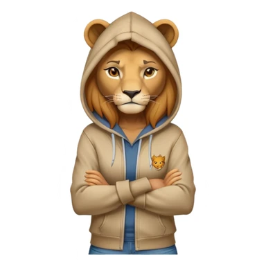 determined anthropomorphised female lion in a hoodie and jeans with arms folded, energetic pose sticker