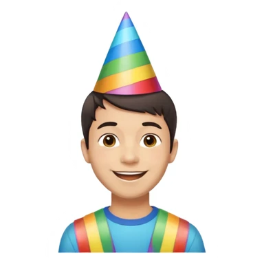 Young man, short hair, rainbow birthday party hat, cheerful expression sticker