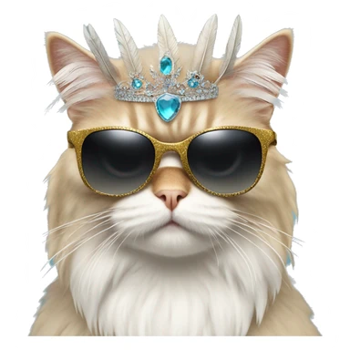 Persian cat wearing sunglasses and a tiara riding a velociraptor with feathers sticker