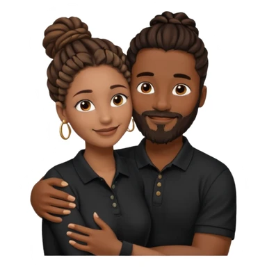 Couple emoji: smiling woman with brown skin, nose ring, makeup, hugging man with dark skin, beard, dreadlocks in a bun, wearing black polo. Warm, loving vibe. sticker