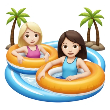 dark brown haired girl pale skin and blonde haired girl on the lazy river water slide 2 different circle floaties  sticker