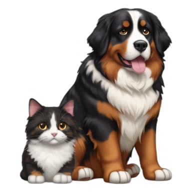A Bernese dog next to A tortoiseshell cat without white sticker