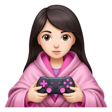 White girl with dark hair wrapped up in a blanket with a pink gaming controller in her hands sticker