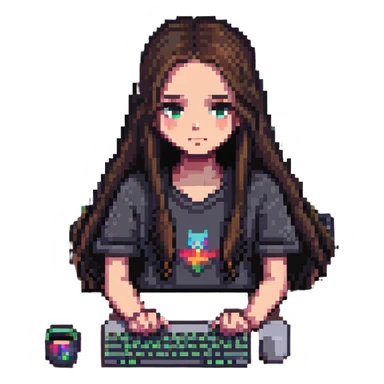 girl with long hair, only eyes visible above MacBook, working at a desk, pixel art style sticker