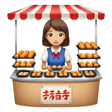 Japanese high school girl at cultural festival running food stall with takoyaki sticker