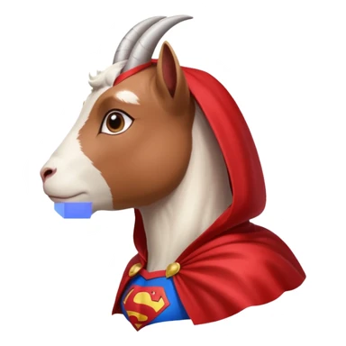 side view of white female goat wearing a read cape like superman sticker