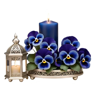 A dreamy celestial composition showcasing deep blue pansies with velvety petals, arranged around an intricately carved pearl-colored candle. The silver crescent moon in the background radiates a soft, celestial glow, illuminating swirling clouds with a hint of stardust. Floating lanterns drift gently through the night sky, casting warm, golden light. The scene is framed by delicate silver filigree patterns, giving it an elegant, almost magical feel. sticker