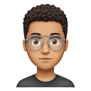 Young brown-skinned Latino man with oval face and large forehead, metal-framed aviator glasses with clear lenses, high skin fade haircut with very short dark curls only on top, calm friendly expression, black t-shirt sticker