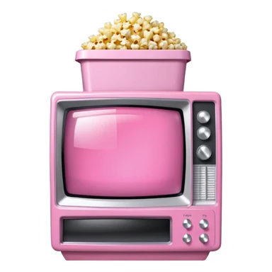 front view of transparent sparkly pink shiny CRT TV sitting on top of pink VCR, with pink/white rhinestone bucket of popcorn sitting next to it sticker